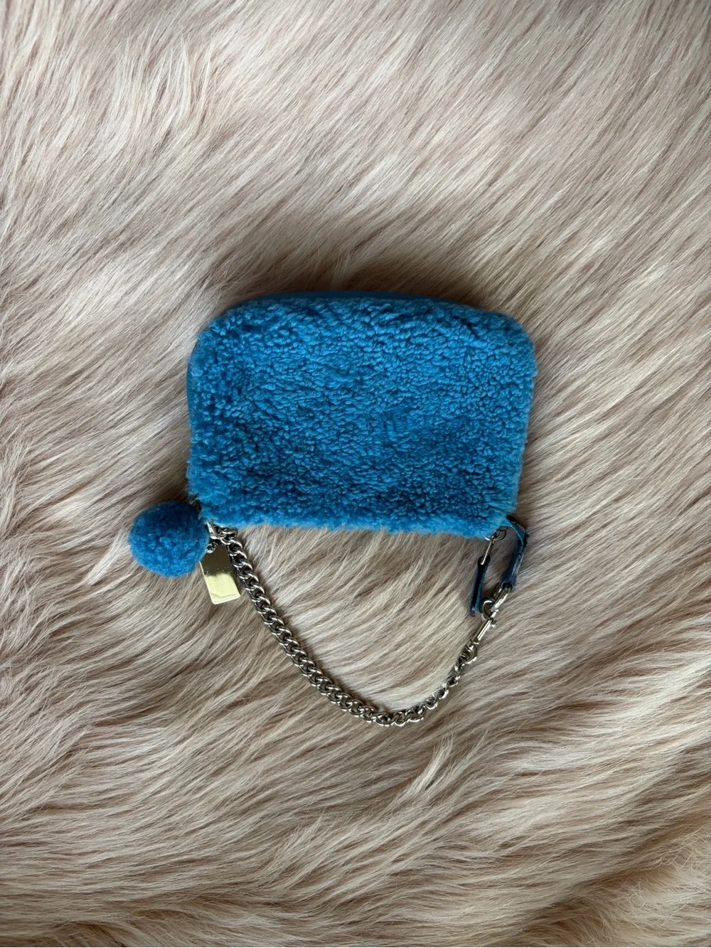Coach Teal Blue Shearling Wristlet with Chain and Pom